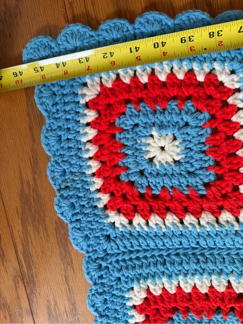 Handmade Crochet Granny Square Blanket Throw in Blue, Red & Cream 5x5